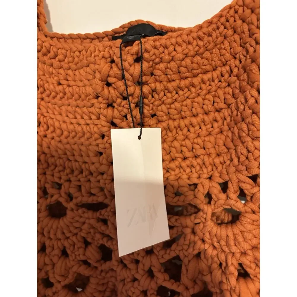 Zara Crochet Top Tank XS S Orange Chunky Open Knit New